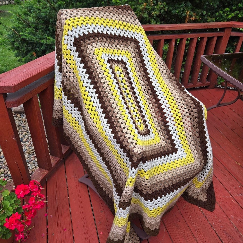 Granny Square Afghan Crochet Granny Core Cottage Core Yellow Brown White